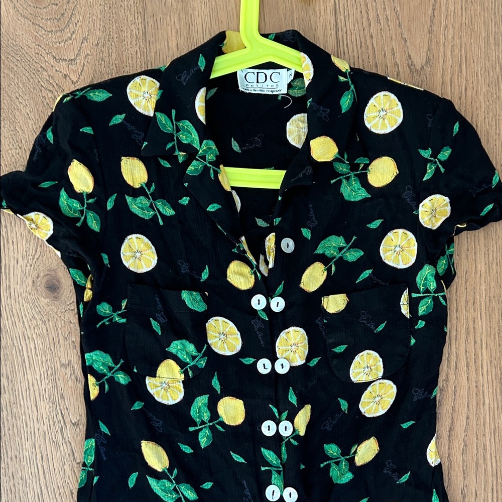 Vintage CDC Petites Black Mini Dress with Lemon and Leaf Motif